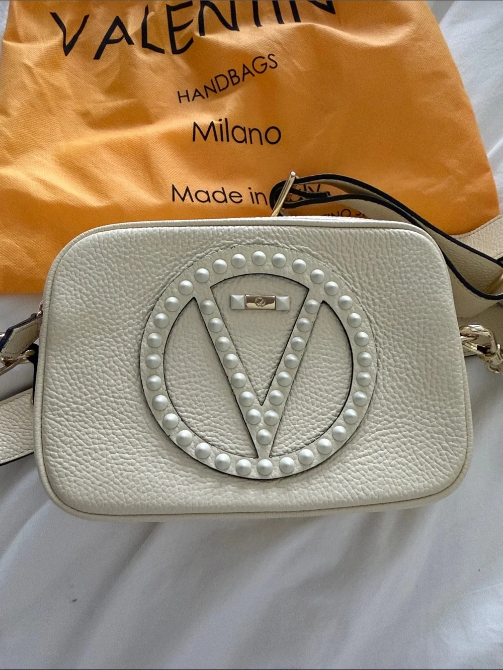 Valentino Cream Pebbled Leather Crossbody with Pearl V Logo - Authentic